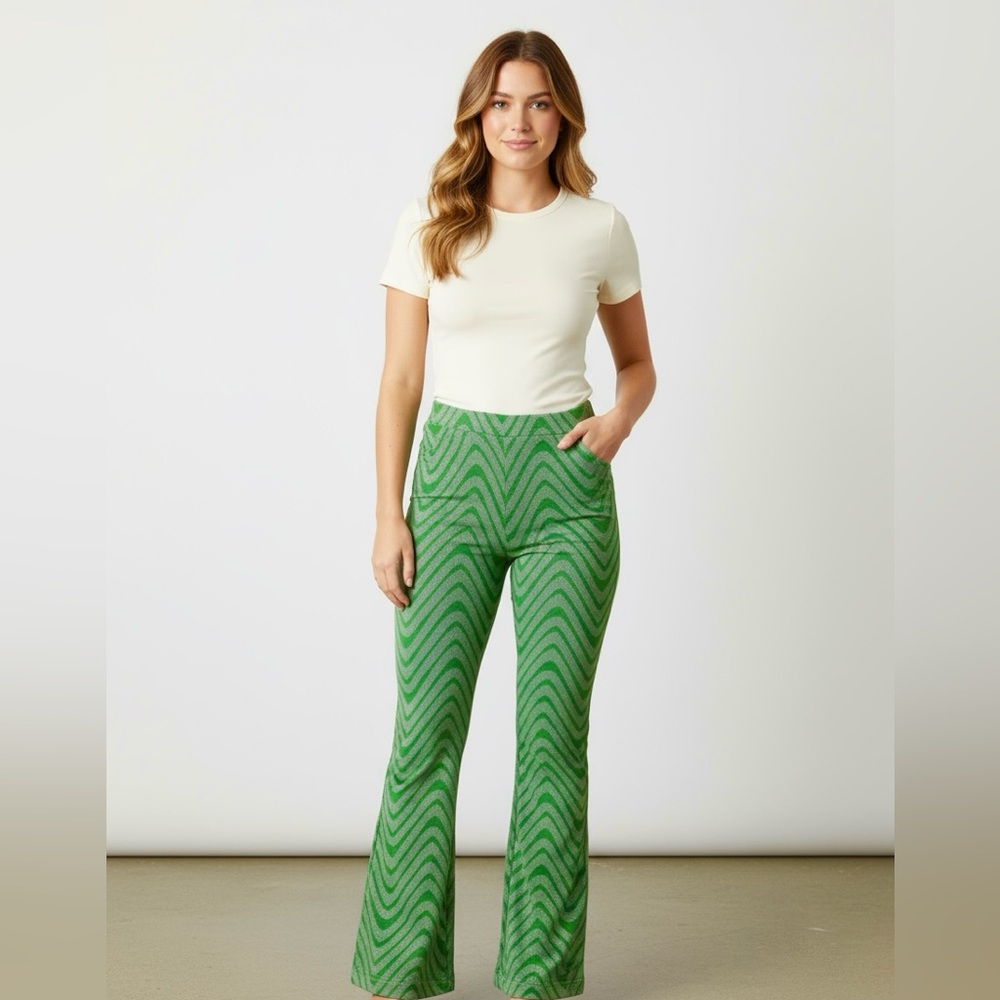 Urban Outfitters Green and White Patterned Flare Pants - Picture 1 of 6